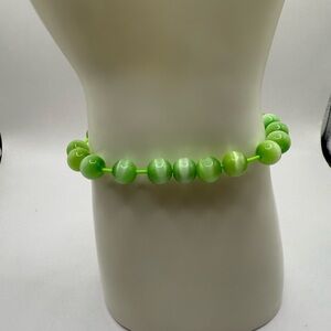 Women's Glass Cat's Eye Round Light Green Stretch Bracelet & Yellow Elastic